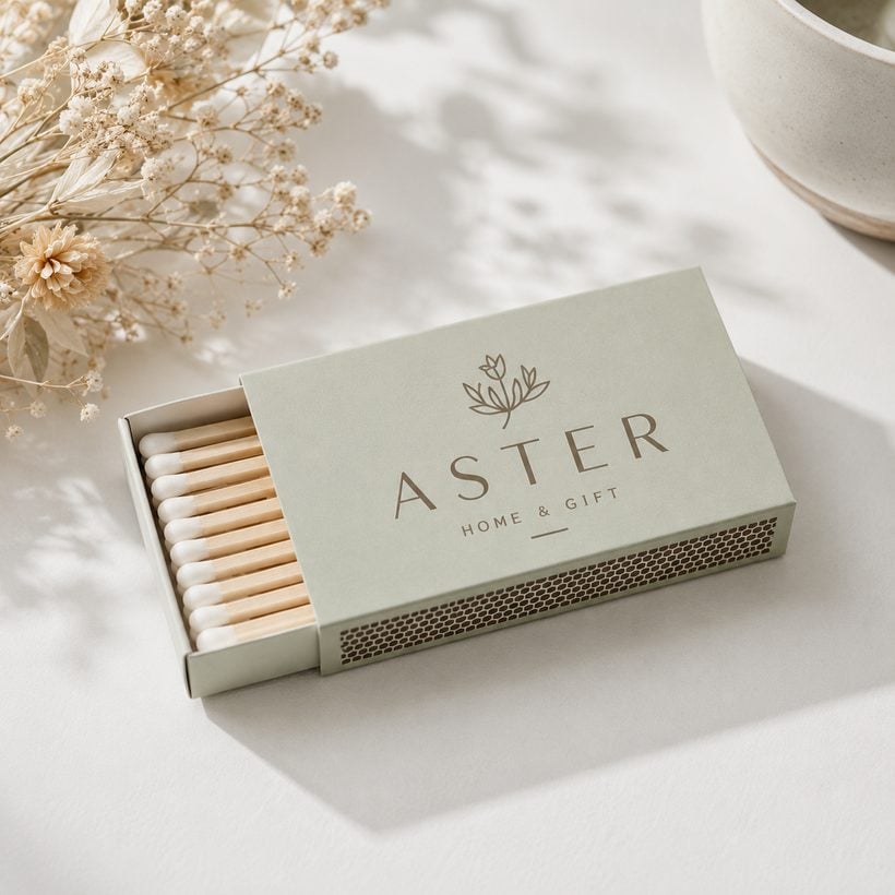 Custom branded matchbox for Aster, a boutique