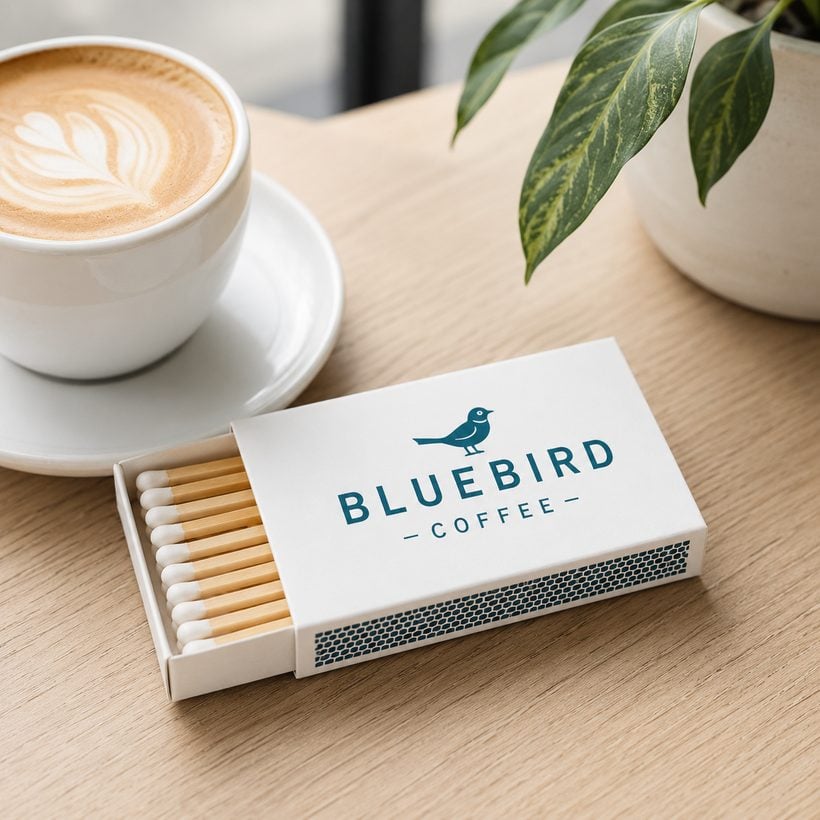 Custom branded matchbox for Bluebird Coffee, a coffee roaster