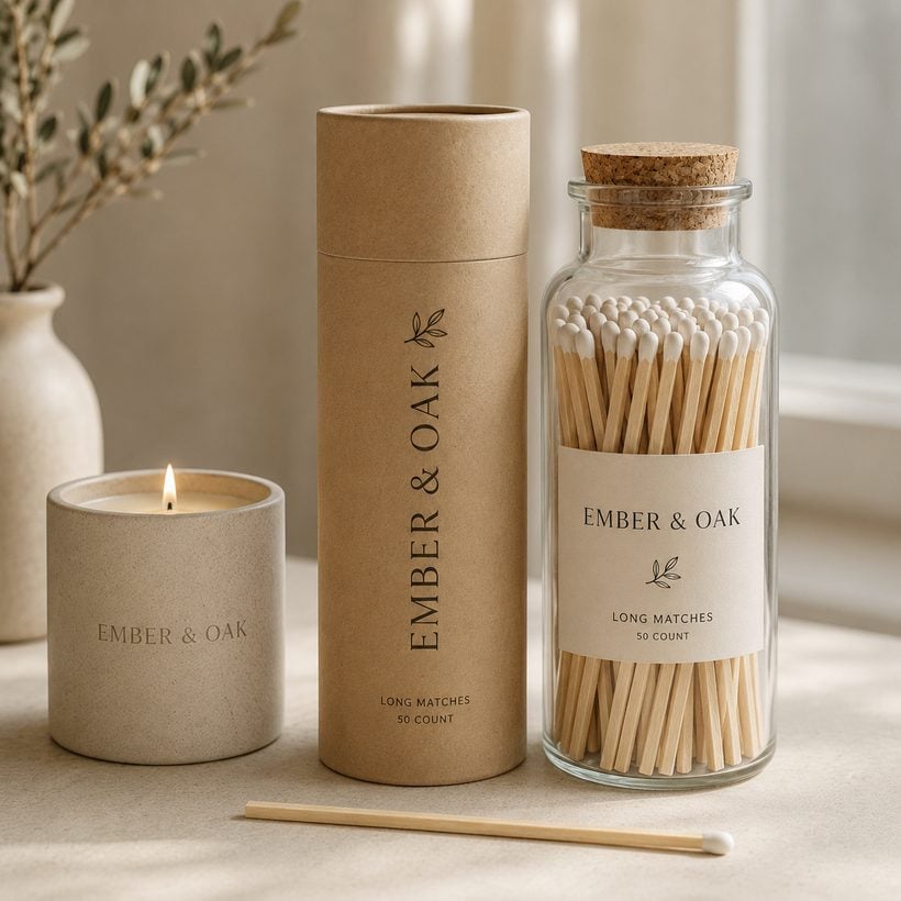 Custom branded matchbox for Ember & Oak, a candle co.