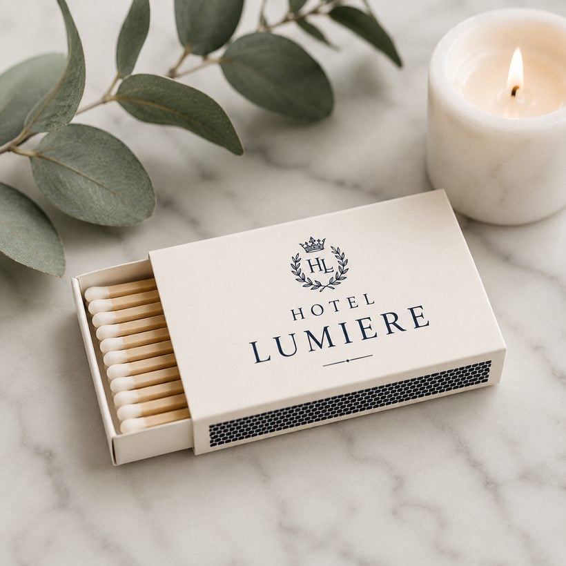 Custom branded matchbox for Hotel Lumiere, a hotel