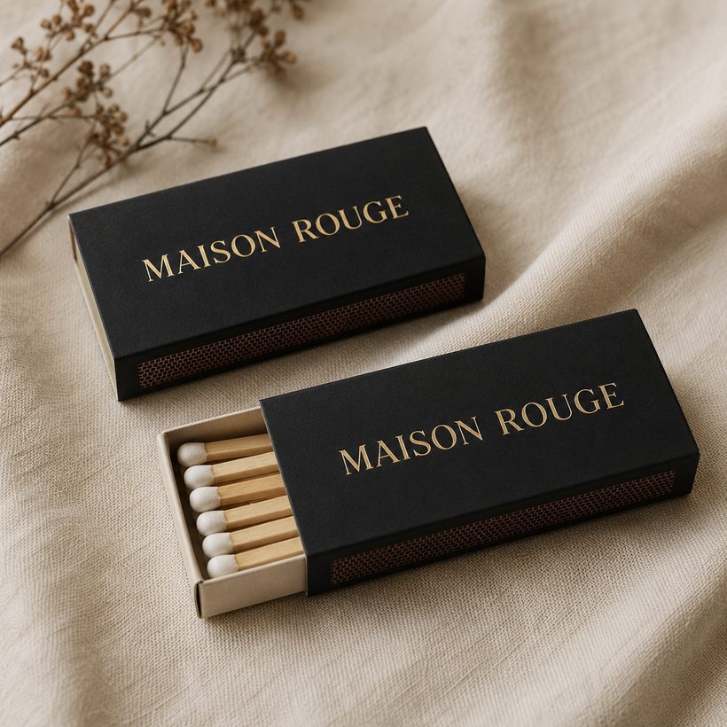 Custom branded matchbox for Maison Rouge, a restaurant