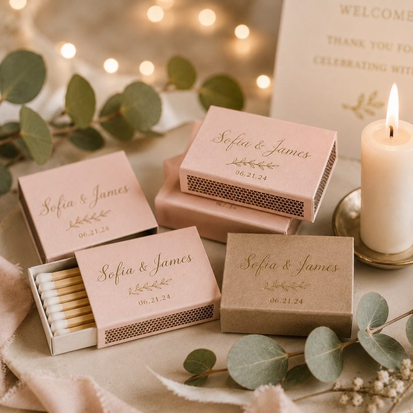 Custom branded matchbox for Sofia & James, a wedding