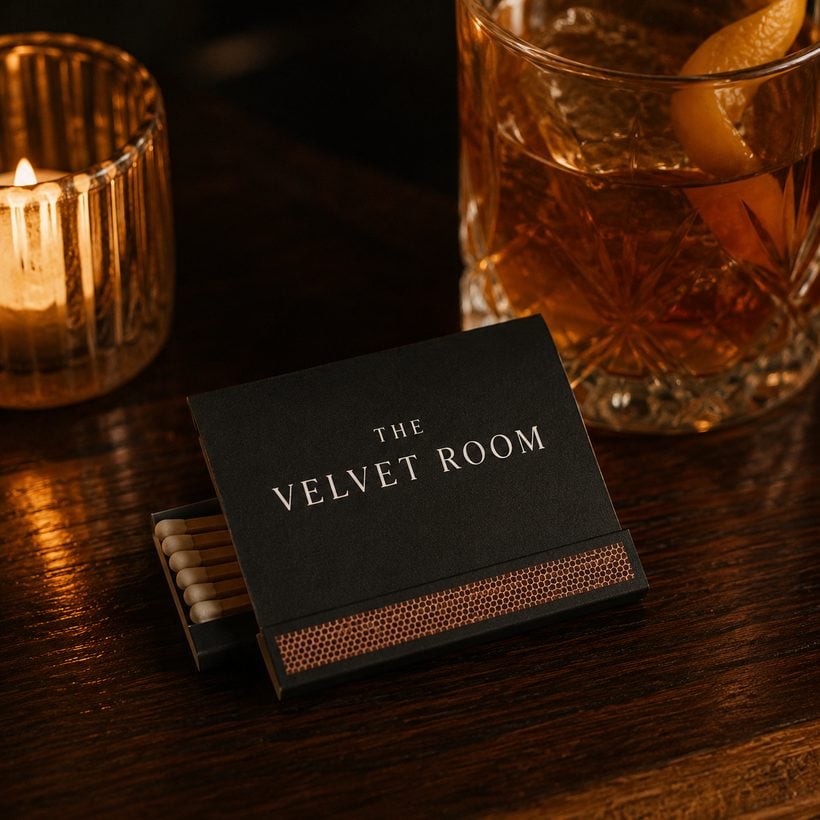 Custom branded matchbox for The Velvet Room, a cocktail bar