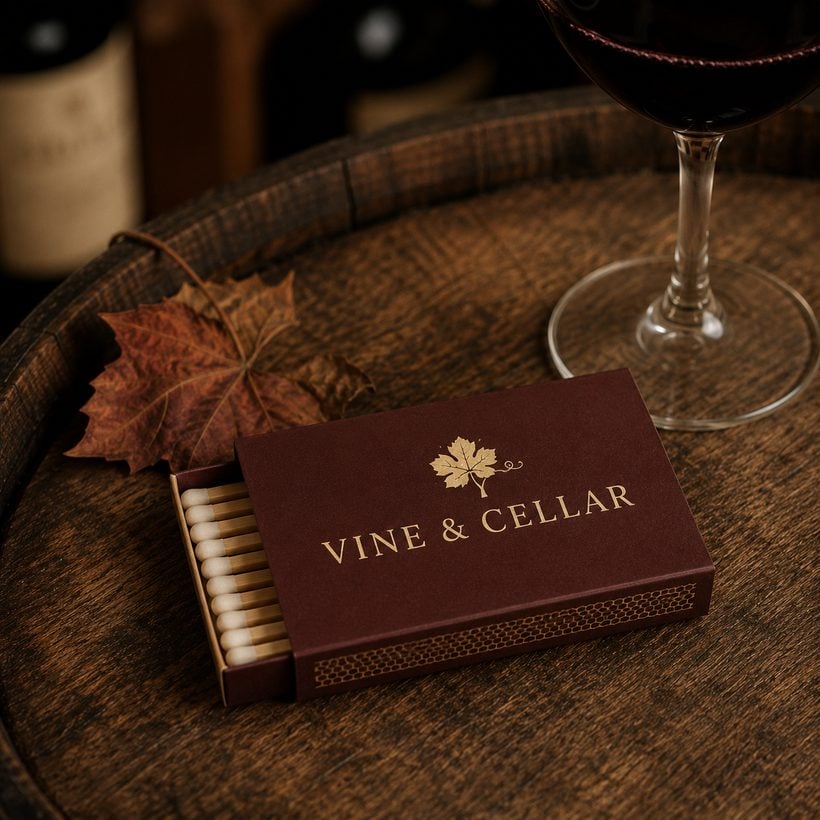 Custom branded matchbox for Vine & Cellar, a winery