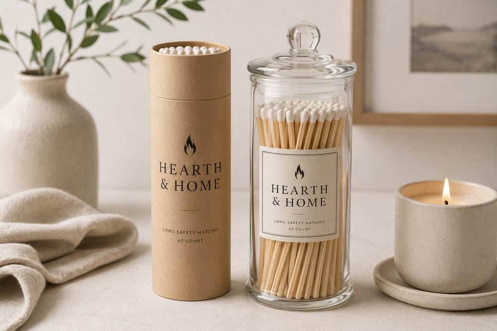 Long reed matches in a printed kraft tube and glass jar beside a candle