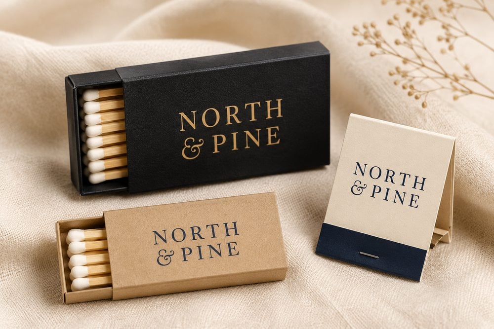Matte black and kraft custom matchboxes with a navy matchbook