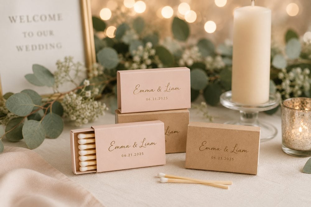 Blush and kraft matchbox favors on a wedding welcome table